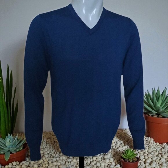 NWOT JOHN HENRIC (MED) Sweden 100 Merino V-Neck Navy Marl Pattern Sweater - Picture 3 of 9